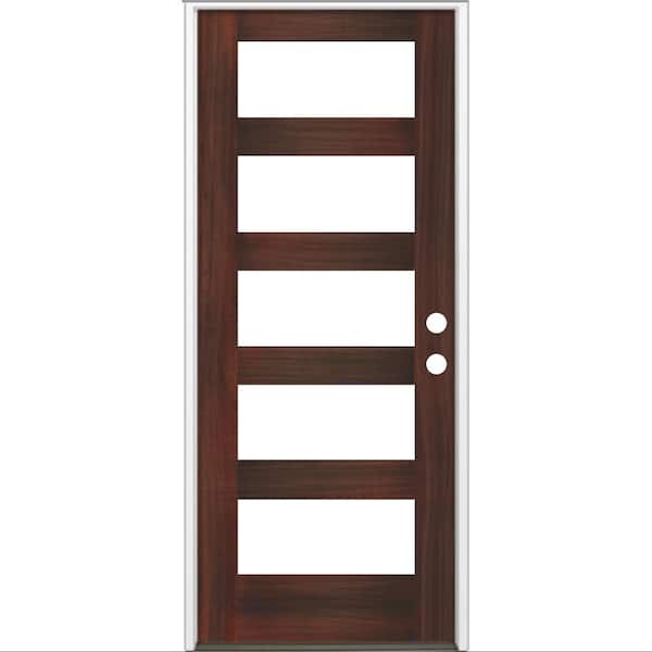 Krosswood Doors 32 in. x 80 in. Modern Hemlock Left-Hand/Inswing 5-Lite Clear Glass Red Mahogany Stain Wood Prehung Front Door
