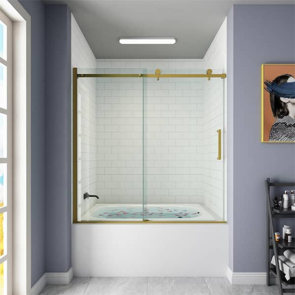 HOROW 55 in. - 59 in. W x 60 in. H Contemporary Single Sliding Frameless Bathtub Door in Golden with Clear Glass