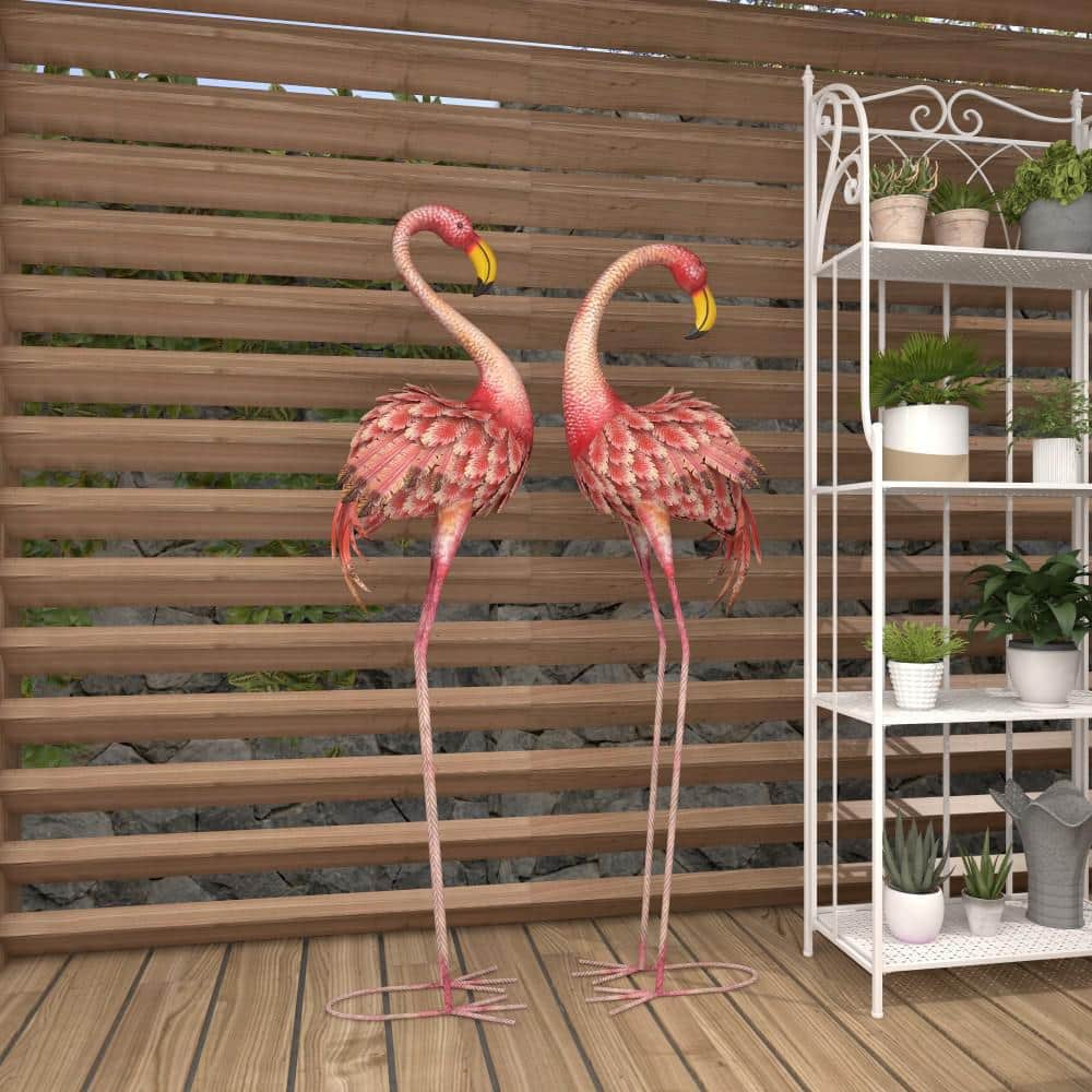 Pink and Yellow Iron Flamingo Garden Sculptures, Set of 2