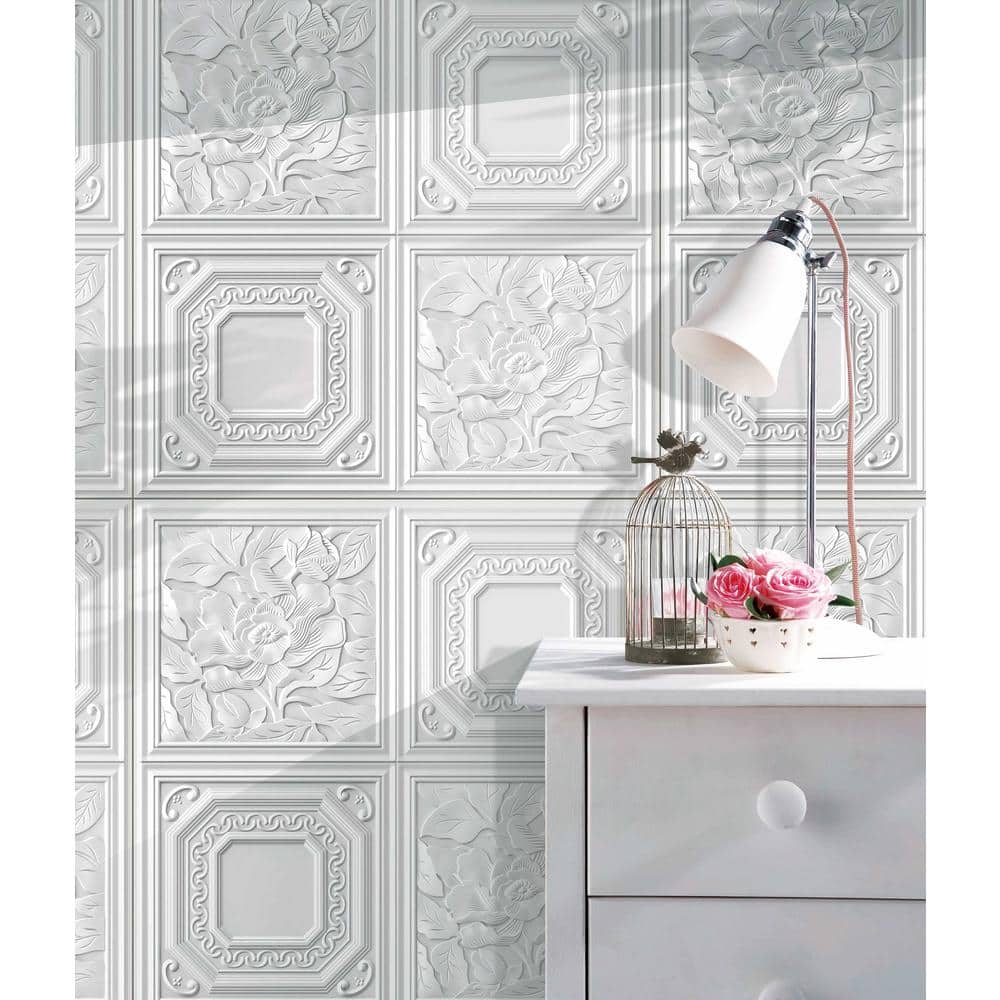 Off-White 28" x 28" Embossed Flower Peel and Stick Wall Panels