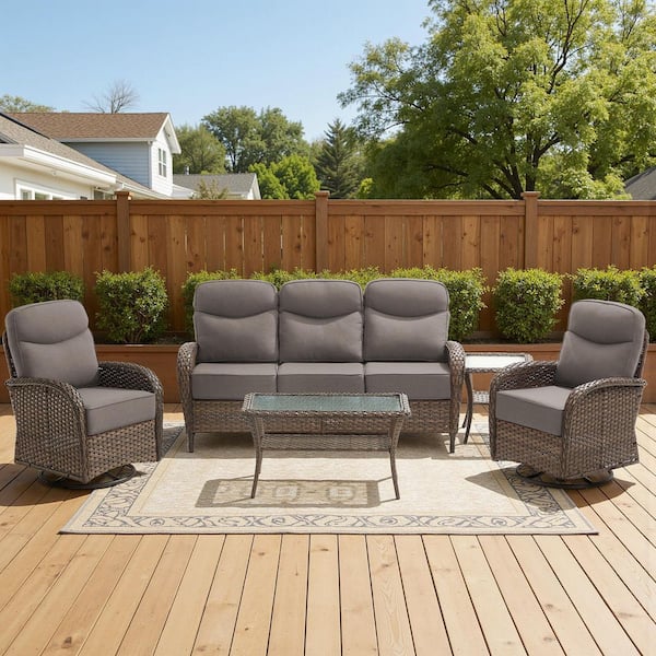 High Crescent 5-Piece Brown Wicker Patio Conversation Set with Gray Cushions