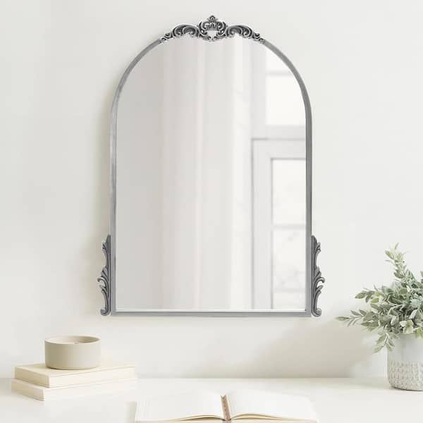 Sxiawe 20 in. W x 26 in. H Baroque Arched Classic Metal Framed Antique Silver Mounted Wall Mirror