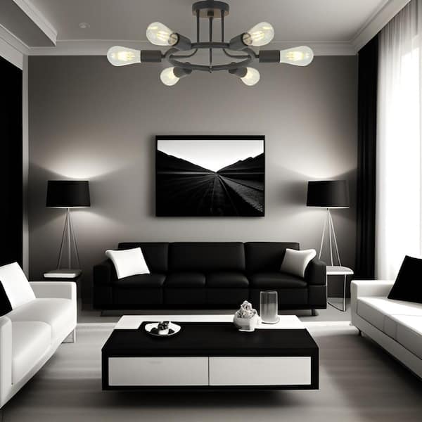 26 in. W 6-Light Black Sputnik Chandelier Semi-Flush Mount Ceiling Fixture for Entryway, Dining Room, E26, No Bulbs