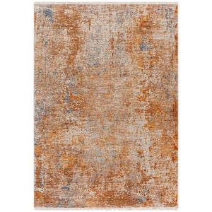 Modern Orange, Brown, and Blue 5 ft. x 8 ft. Abstract Paint Art Design Polyester Fabric Area Rug