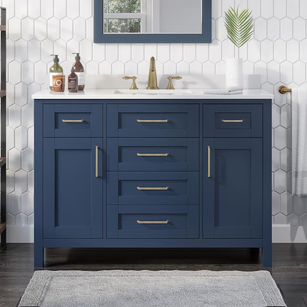 OVE Decors Tahoe 48 in. W x 21. in D x 34 in. H Single Sink Bath Vanity in Midnight Blue with White Engineered Stone Top