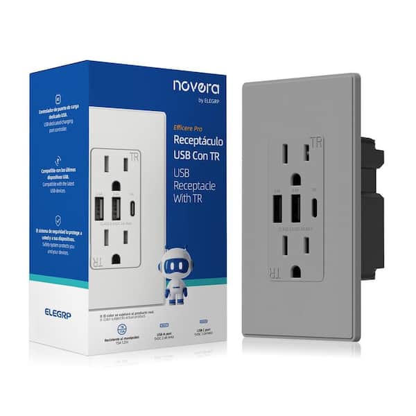 30W 6.0 Amp 3-Port USB Wall Outlet, 15A Duplex Receptacle with Dual USB Ports, w/Srewless Wall Plate, Matte Grey 1PC