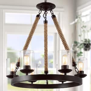 Farmhouse 6-Light Dark Brown Wagon Wheel Island Rustic Chandelier with Cylinder Clear Glass Shades and Natural Ropes