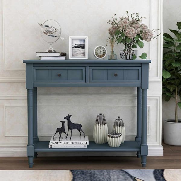 Polibi 35.43 in. Navy Rectangle Wood Console Table with Two Drawers and Bottom Shelf Navy