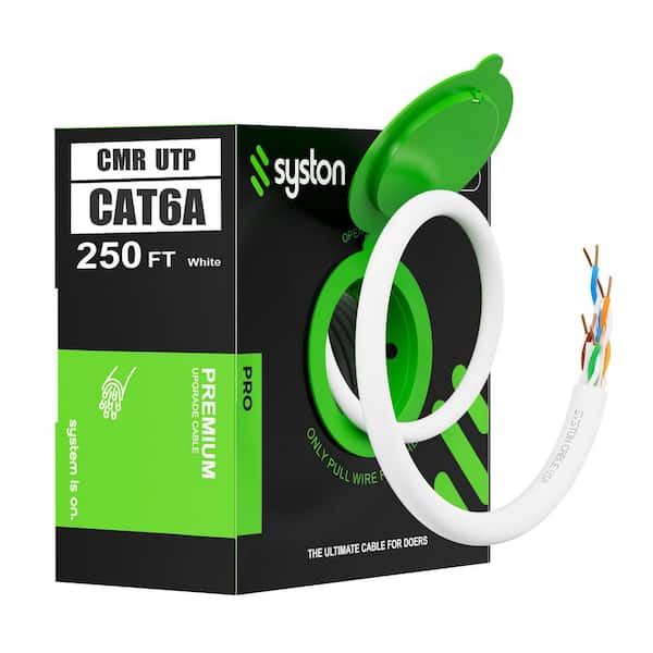 250 ft. Cat6A UTP CMR Riser Bulk Ethernet Cable, White, 23 AWG Solid Bare Copper, 10-Gig PoE 750 MHz Sunlight Resistant