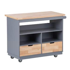Blue Open Kitchen Cart with Solid Wood Top and 2 Drawers