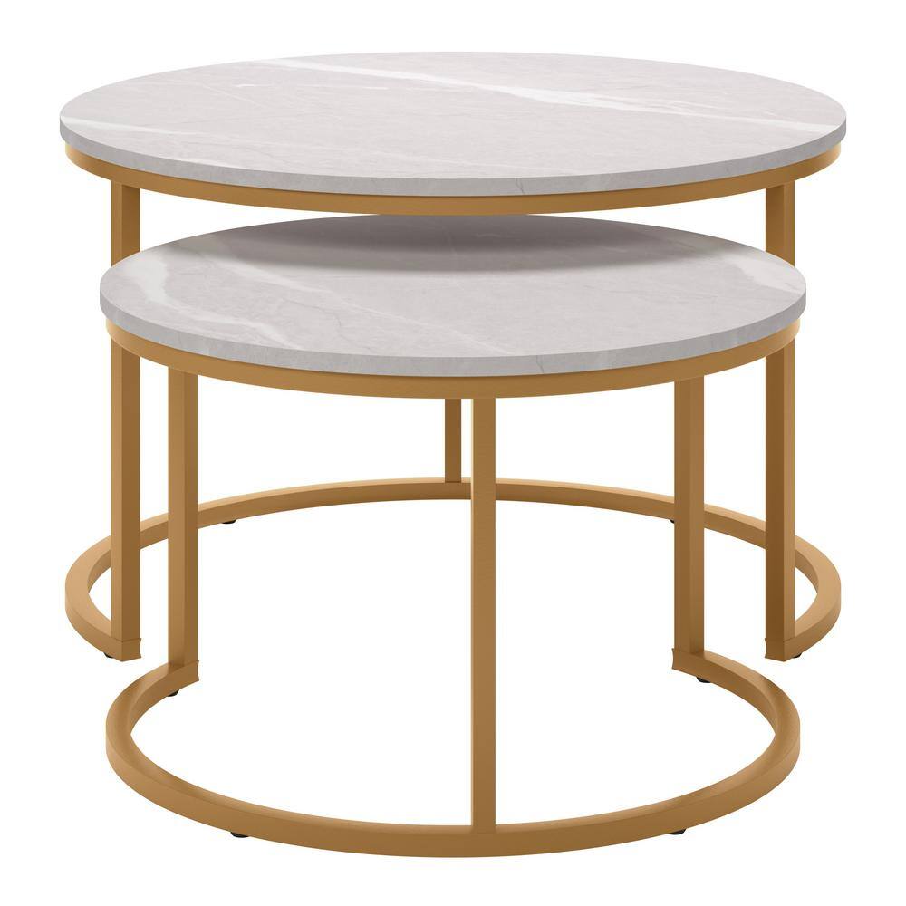 Fort Worth White Marble and Gold Round Nesting Coffee Table Set