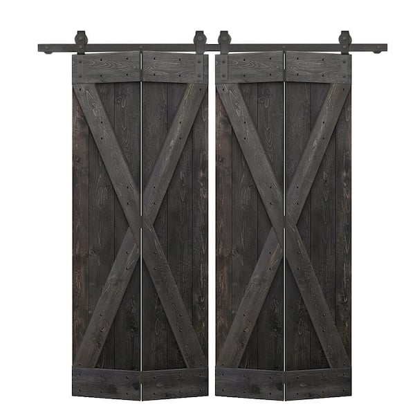 48 in. x 84 in. X Pre Assembled Charcoal Black Wood Double Solid Core Bi-fold Barn Doors with Sliding Hardware Kit