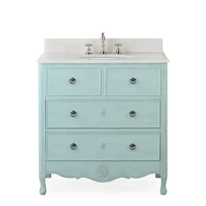 Daleville 34 in. W x 21 in. D x 35 in. H Bath Vanity in Distressed Light Blue with White Marble Top