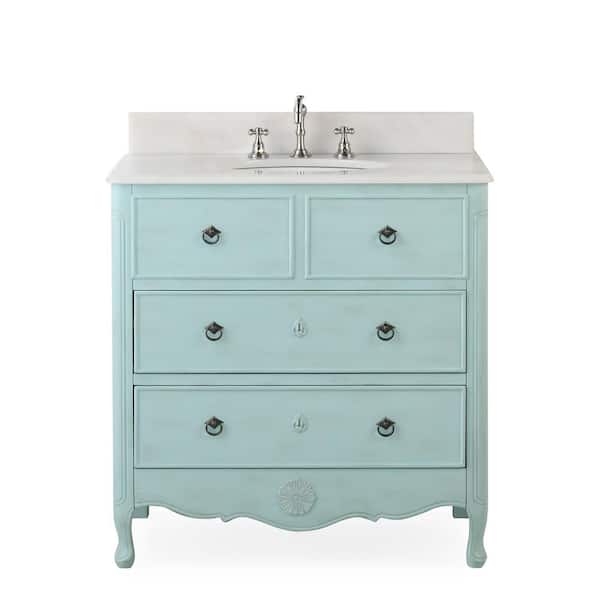 Benton Collection Daleville 34 in. W x 21 in. D x 35 in. H Bath Vanity in Distressed Light Blue with White Marble Top