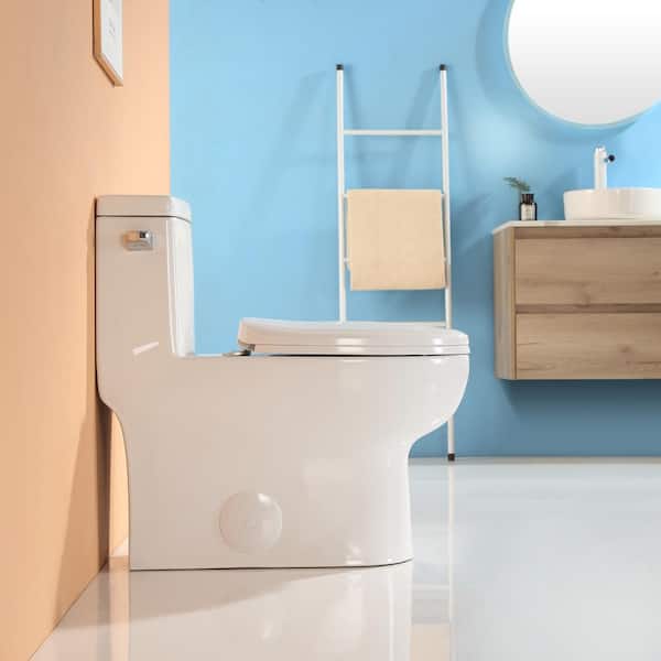 (1-Piece) 1.28 GPF Single Flush Compact Elongated Toilet in White with 3 in. Toilet Seat Riser with Lid
