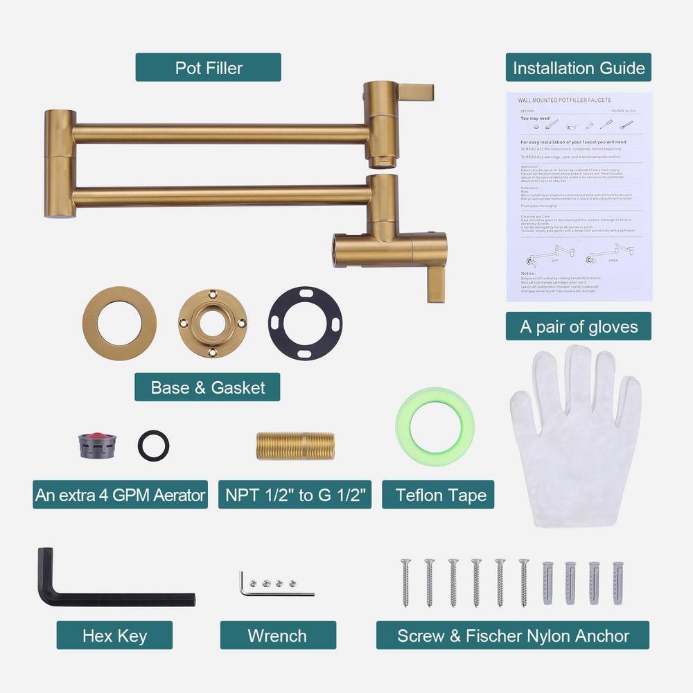 Brushed Gold Wall Mounted Double Handle Pot Filler Faucet