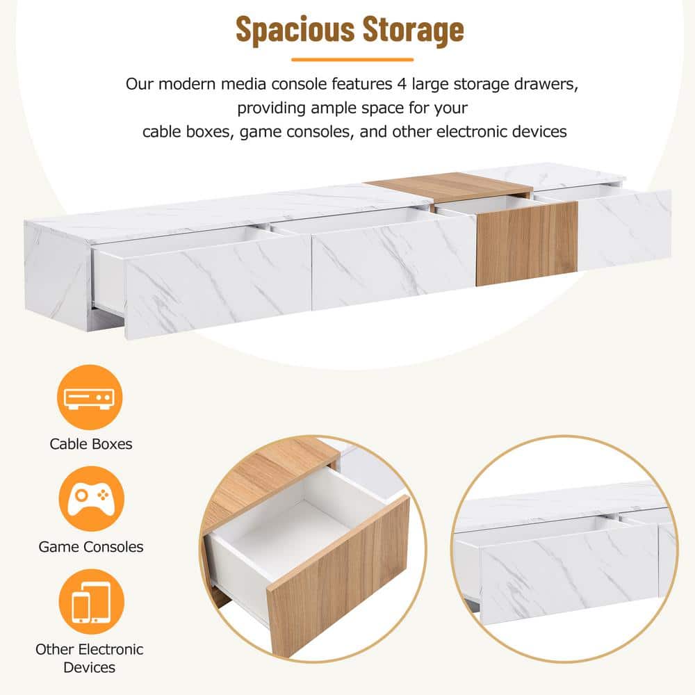 White Faux Marble and Walnut Grain TV Stand with 4 Storage Drawers