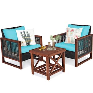 3-Piece Wood Frame Patio Conversation Set Outdoor Bistro Set with Blue Cushion