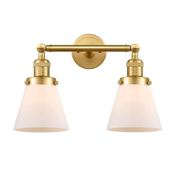 Cone 16 in. 2-Light Satin Gold Vanity Light with Glass Shade