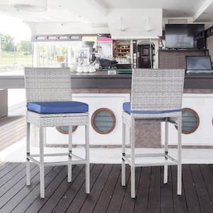 Patio Bar Chairs 2 of Piece Wicker Square 43.5 in. Outdoor Dining Set with Navy Blue Cushions