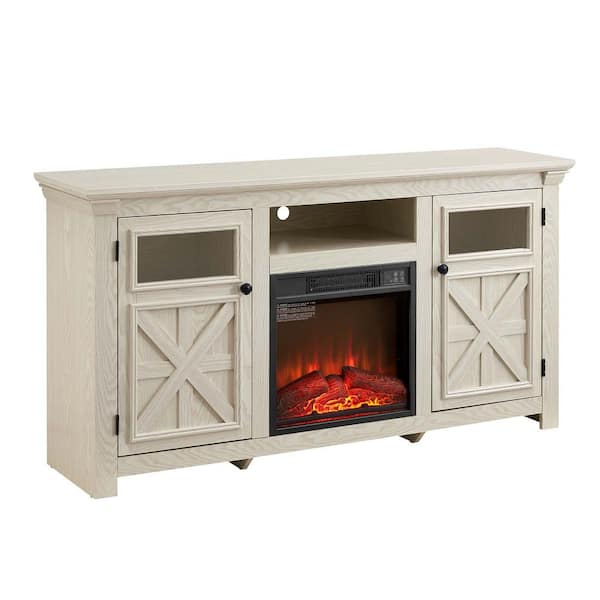 60 in. Farmhouse Electric Fireplace TV Stand with Barn Doors and Adjustable Storage Shelves in White