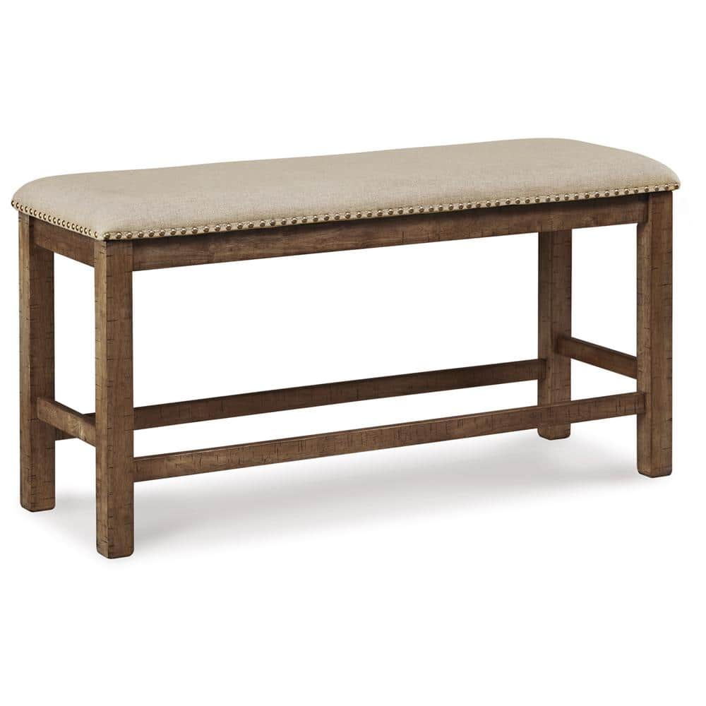 Distressed Nutmeg 48.5" Transitional Dining Bench with Beige Upholstery