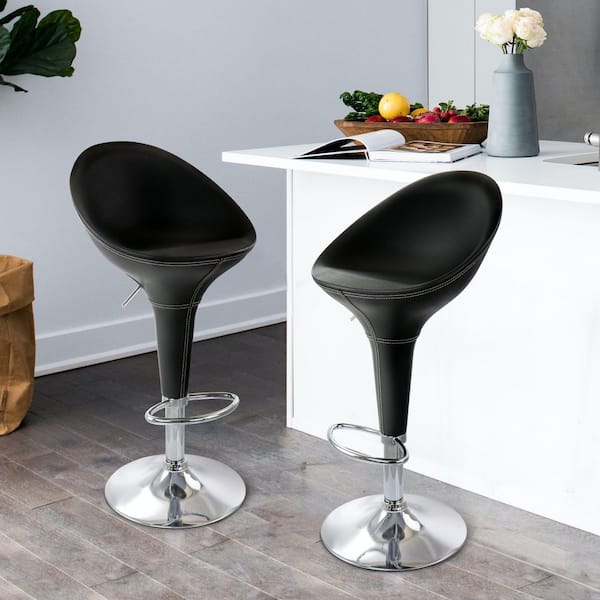 2 Piece 35 in. Adjustable Plastic Bar Stool in Black with Metal Base
