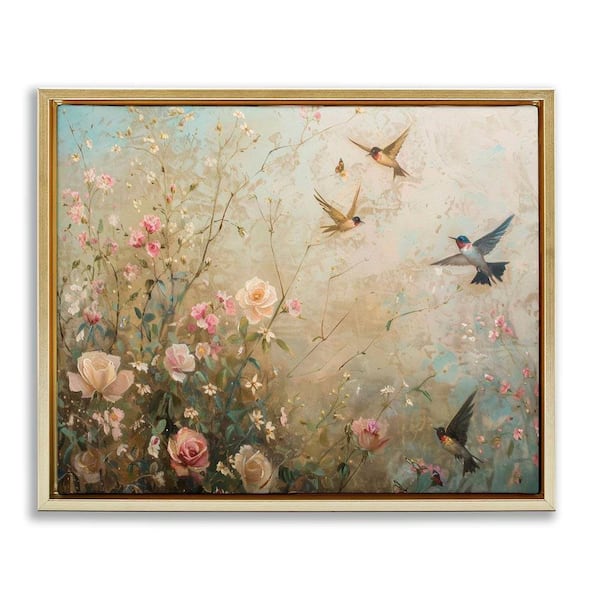 Spring Meadow Birds by Arlington Prints Gold Floater Frame Nature Graphic Art Print 25 in. x 31 in.
