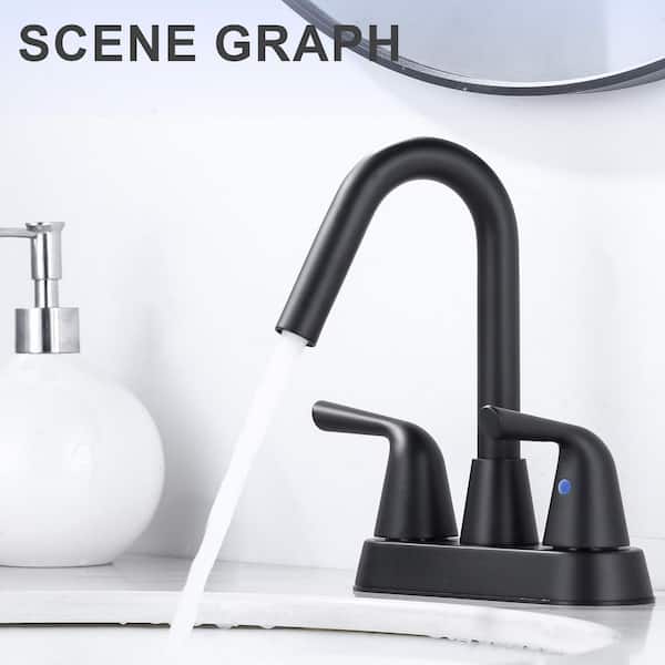 Double Handle 4 in. Centerset High Arc Bathroom Faucet, Basin Faucet with Pop-Up Drain Kit in Matte Black