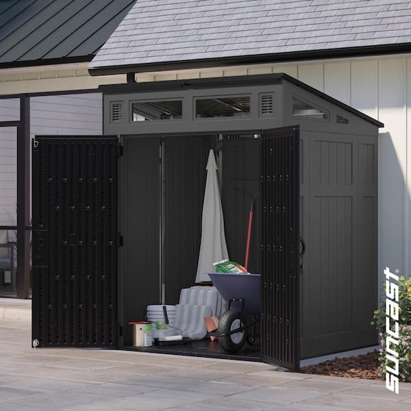 Modernist 6 ft. x 5 ft. Plastic Resin Storage Shed with Floor (36 sq. ft.) in Peppercorn (Gray) with Black Doors