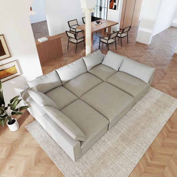 U-shaped 118 in. Square Arm Down Filled Linen 6-Piece Cloud Modular Sectional Sofa Couch in Gray with Removable Covers