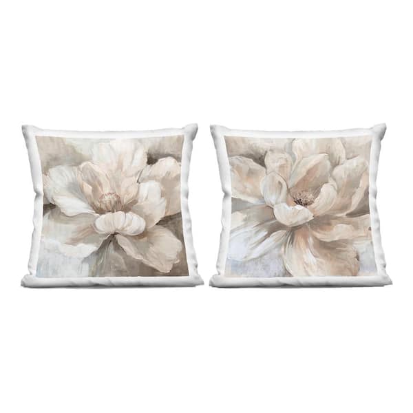 Lush White Blooms Close Ups Beige Floral Zipper Polyester 18 in. x 18 in. Throw Pillow Set of 2