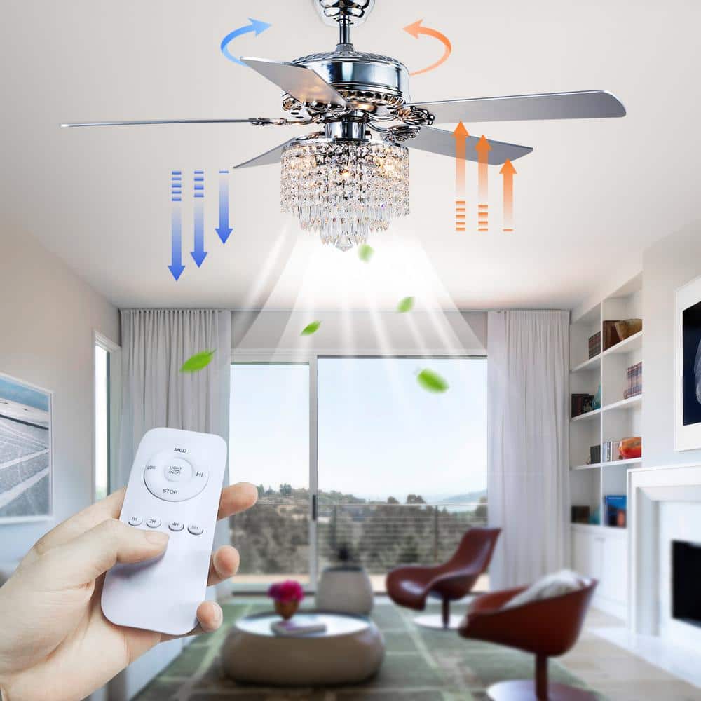52" Silver Crystal Chandelier Ceiling Fan with Remote and Light Kit
