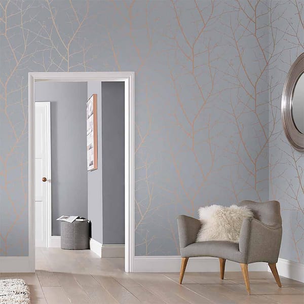 Boreas Soft Grey and Rose Gold Trees Trail Paste the Wall Wallpaper