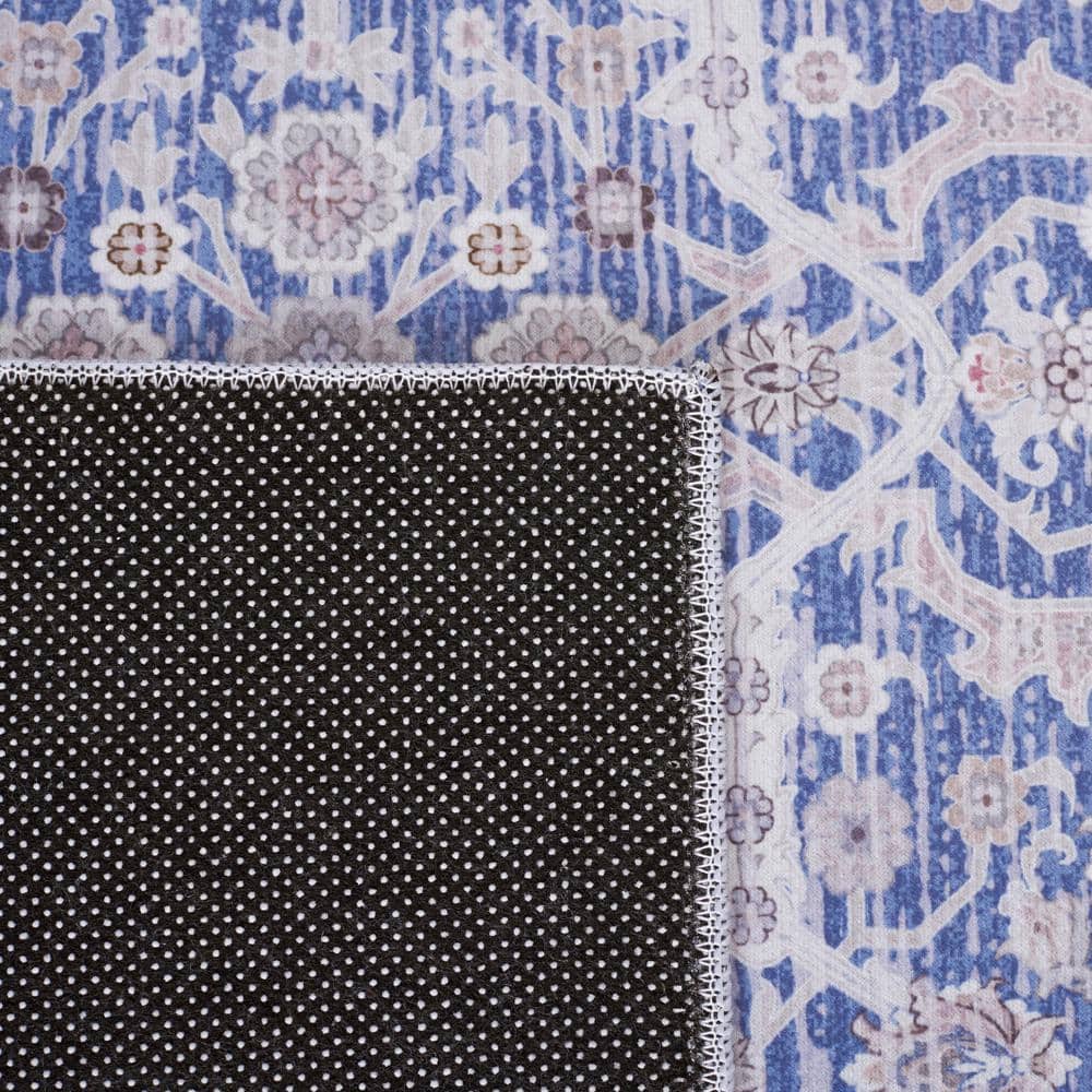Blue and Rust 6' x 6' Square Washable Synthetic Area Rug