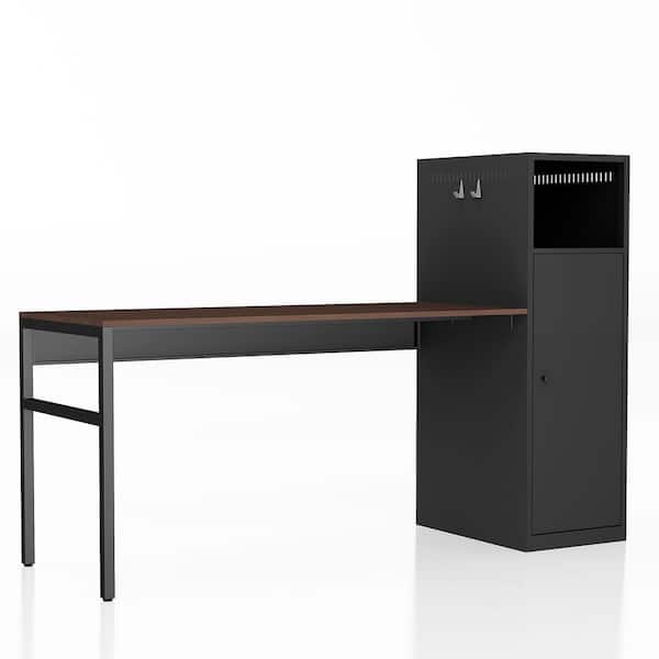 URTR 66.5 in. W Rectangle Black Wood Computer Desk with Steel Storage Cabinet Home Office Workstation Writing Desk