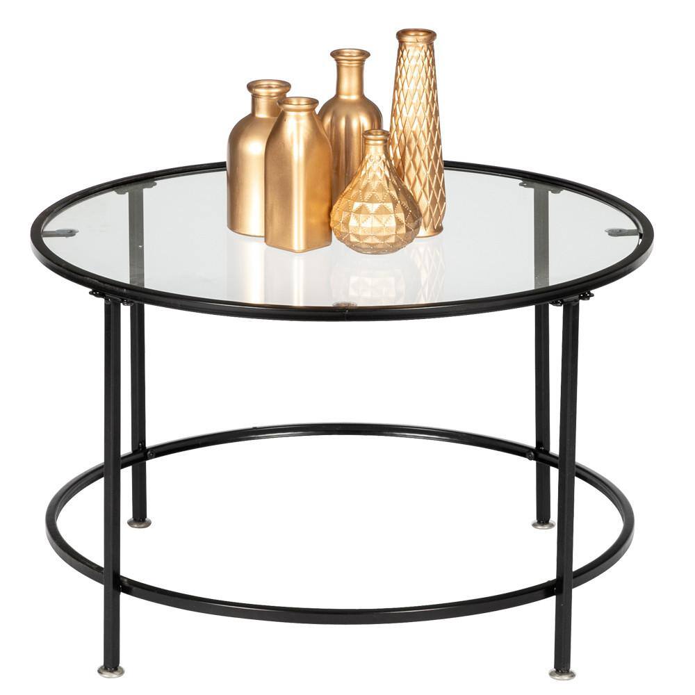 26" Round Tempered Glass Coffee Table with Black Metal Frame