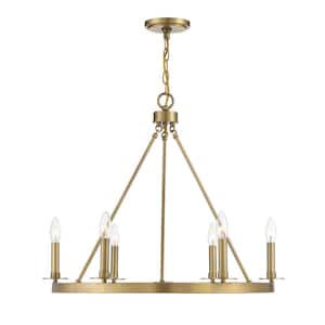 26 in. W x 22 in. H 6-Light Natural Brass Wagon Wheel Metal Chandelier with No Bulbs Included