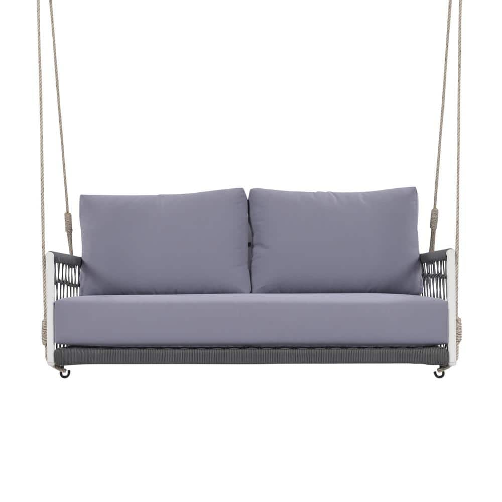 Light Grey 2-Perason Metal Woven Rope Porch Swing Outdoor Swing Sofa with S