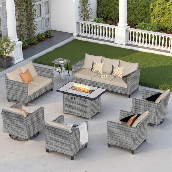 OVIOS New Star Gray 8-Piece Wicker Patio Rectangle Fire Pit Conversation Seating Set with Beige Cushions and Swivel Chairs