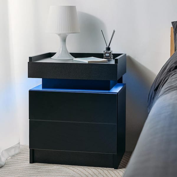 Hommpa LED 2-Drawer Black Top Edge Nightstand 21.5 in. H x 17.7 in. W x 13.8 in. D