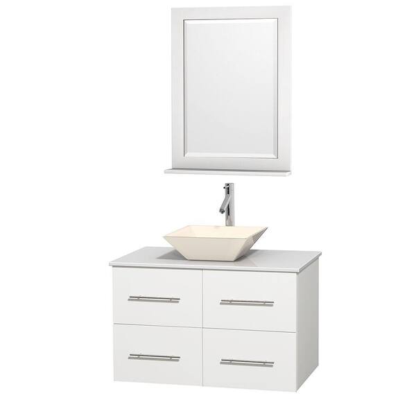 Wyndham Collection Centra 36 in. Vanity in White with Solid-Surface Vanity Top in White, Bone Porcelain Sink and 24 in. Mirror