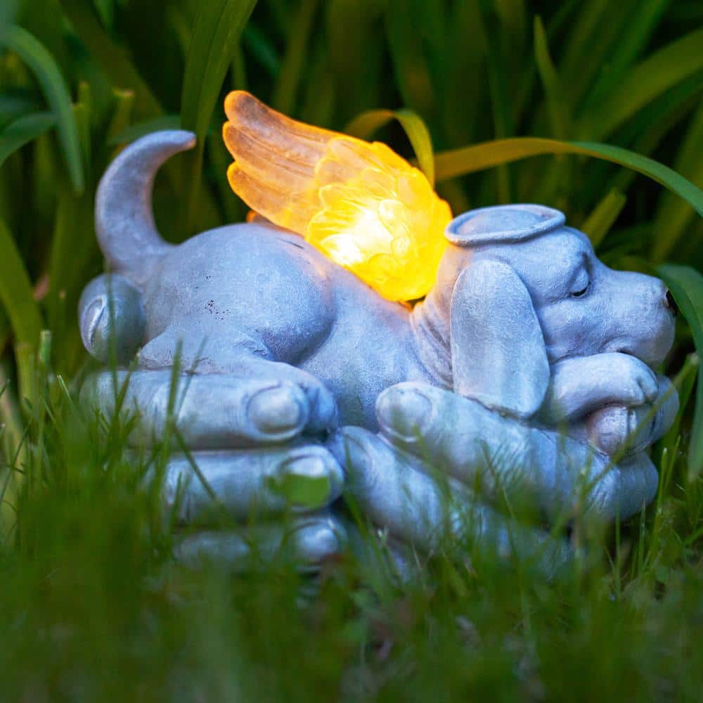 Solar Cradled Angel Dog Memorial Garden Statue with LED Wings