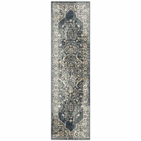HomeRoots Beige Grey and Blue 2 ft. x 8 ft. Oriental Power Loom Stain Resistant Runner Rug