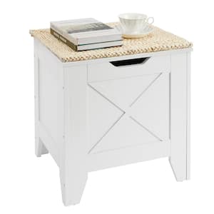 Storage Ottoman Bench, 17.7 in. White Wooden Toy Storage Box Chest Safety Hinge Shoe Bench with U-Shaped Cut-Out Pull