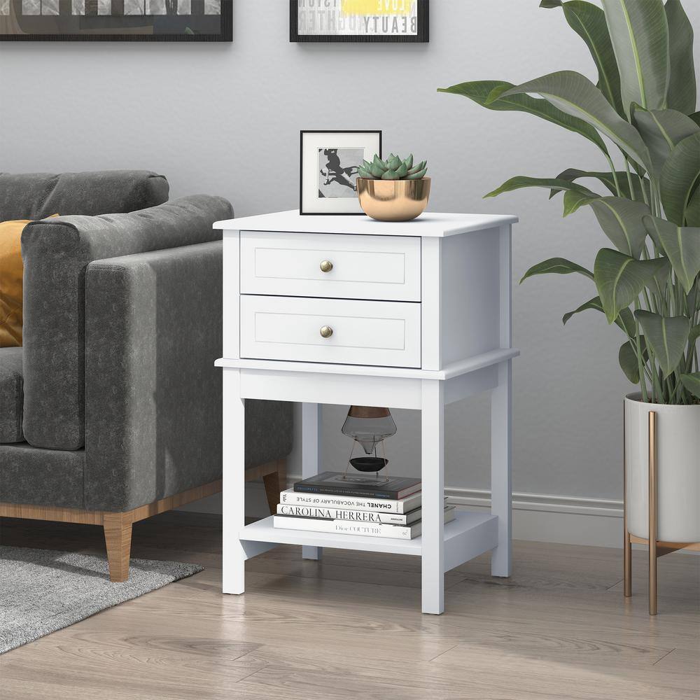 Modern White Wood Side Table with Storage Drawers and Shelf