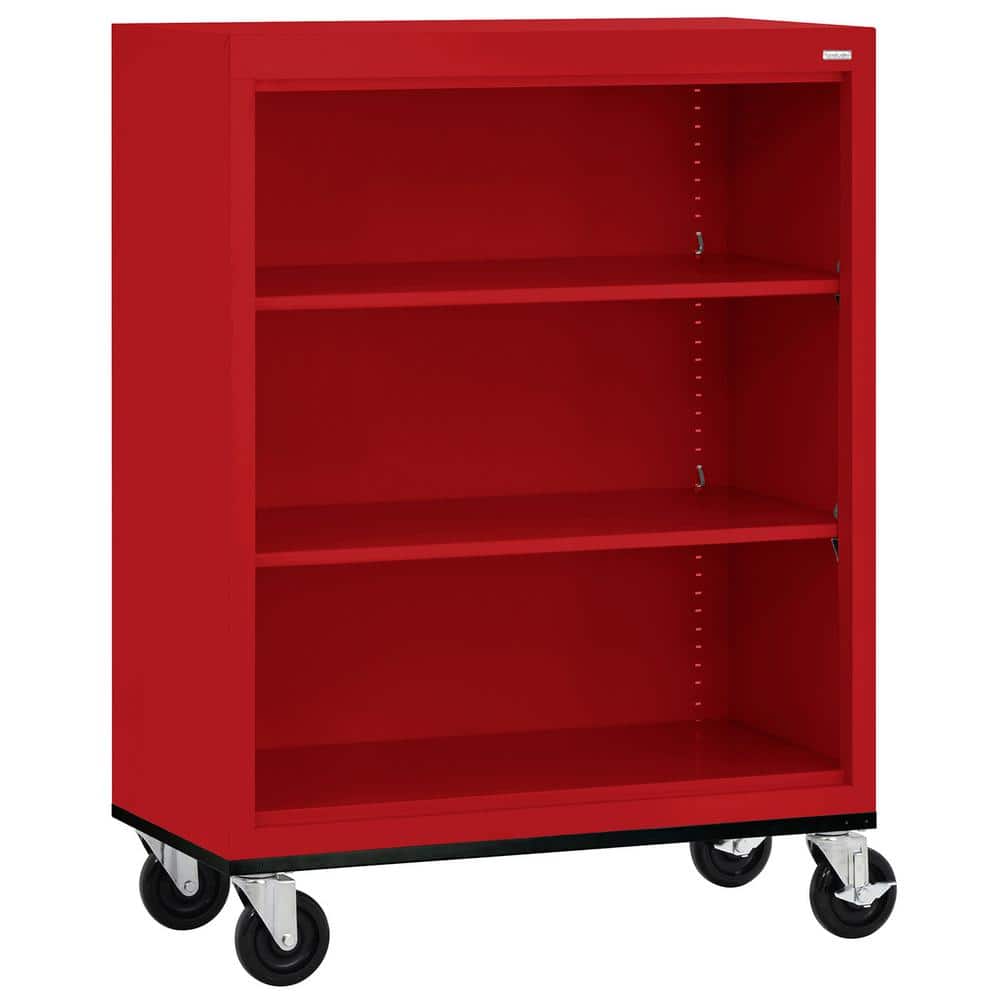 Sandusky Mobile Bookcase Series 42 in. Tall Red Metal 3-Shelves Standard Bookcase With Casters -  BM20361836-01