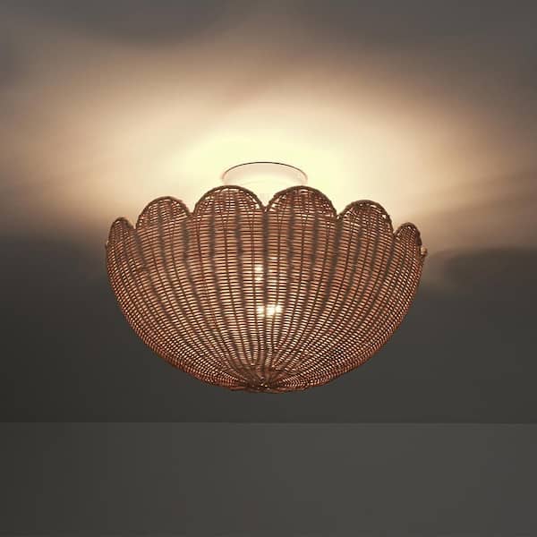 17.72 in. 2-Light White Farmhouse Chandelier Coastal Light Fixture Semi-Flush Mount Woven Rattan Ceiling Light Fixture