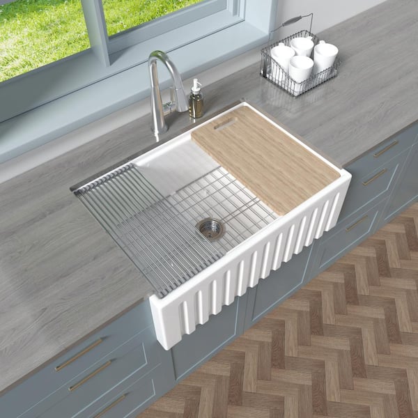 HOMLYLINK Workstation Kitchen Sink 30 in. White Porcelain