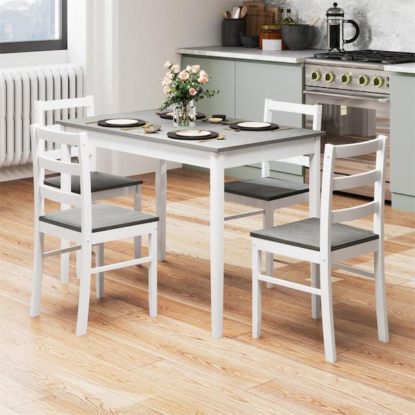5-PCS Gray Farmhouse Dining Set Wooden Table and Chairs w/ Solid Wood Legs Space-Saving Acacia Table and Chair Set for 4